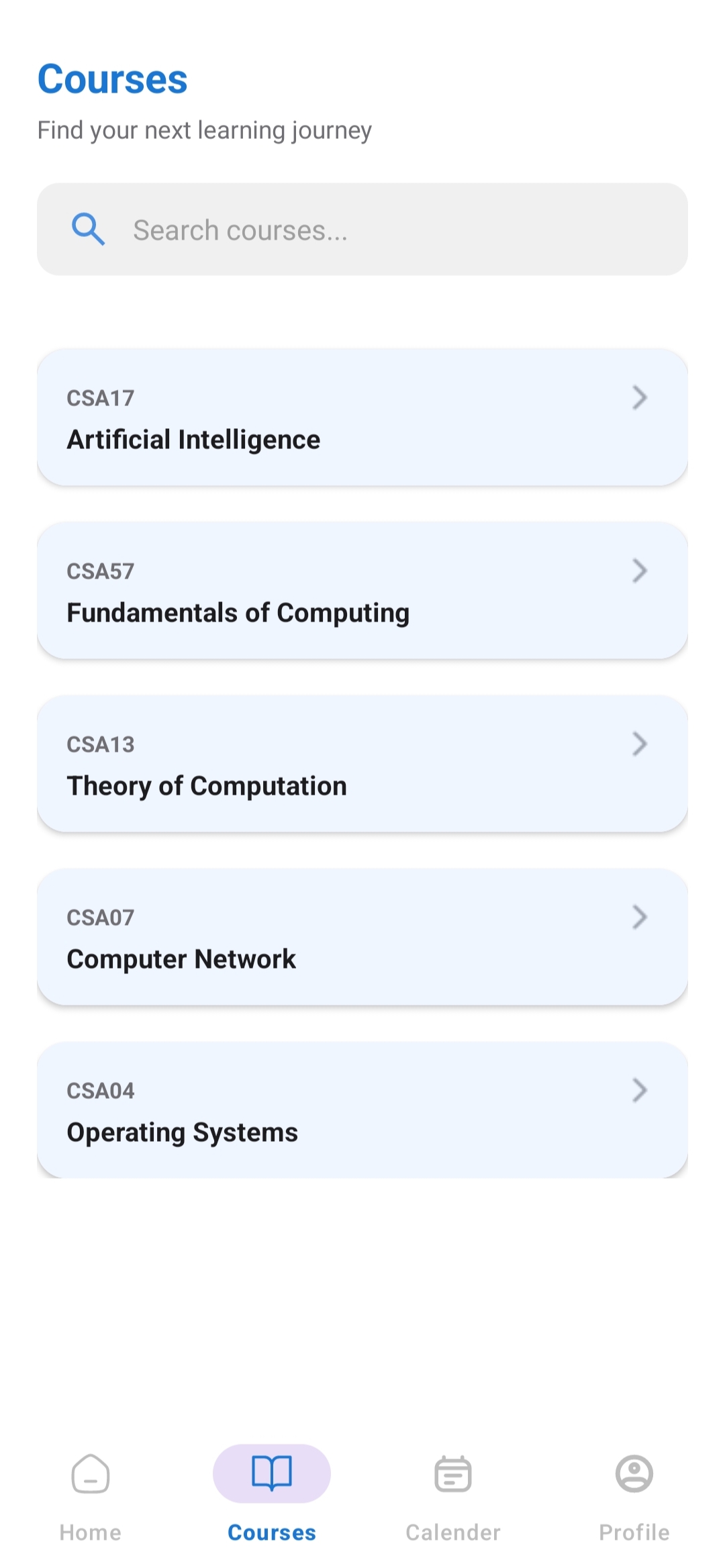 Courses view in Univault app