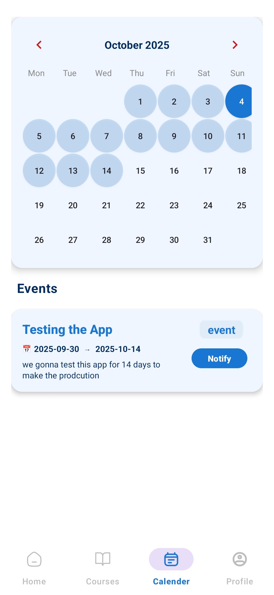 Events calendar in Univault app