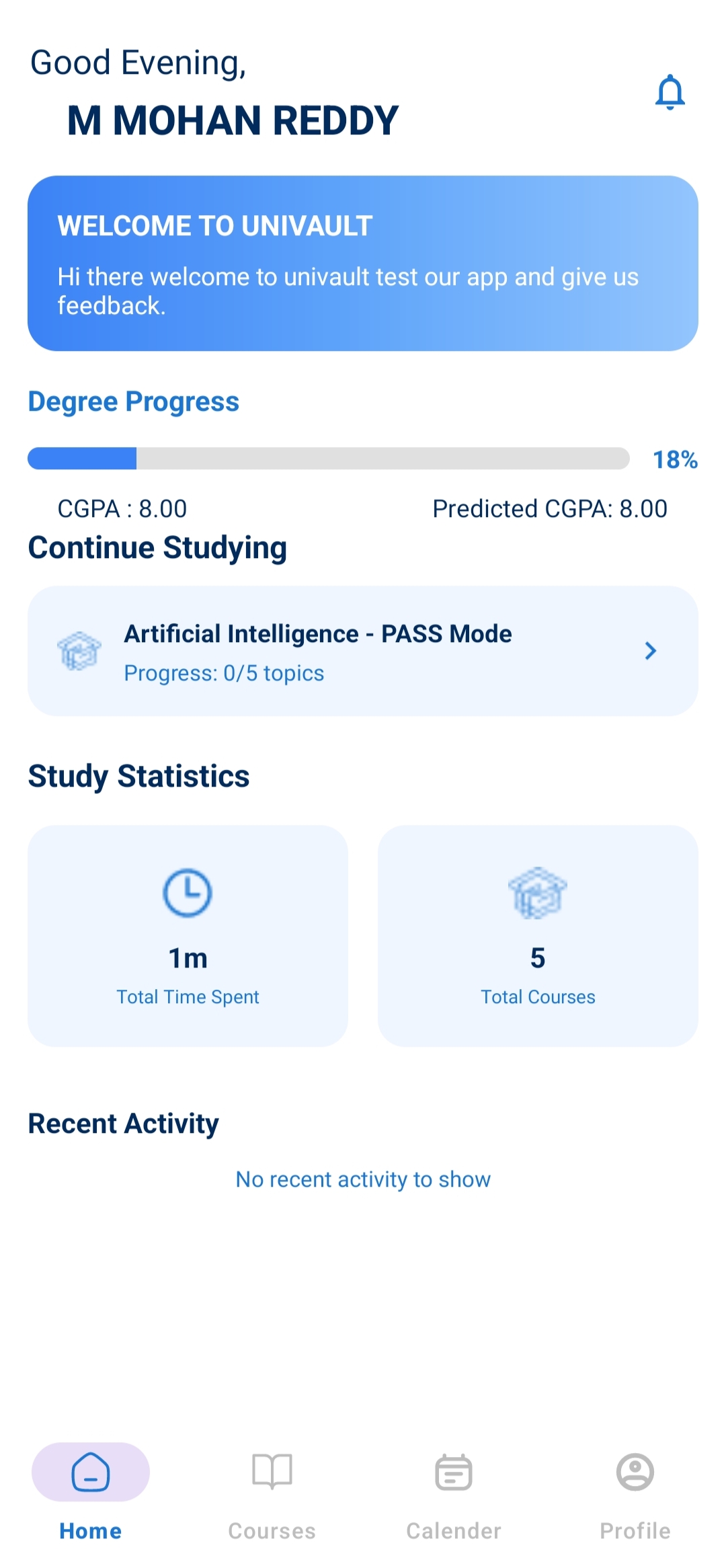 Home dashboard of Univault app