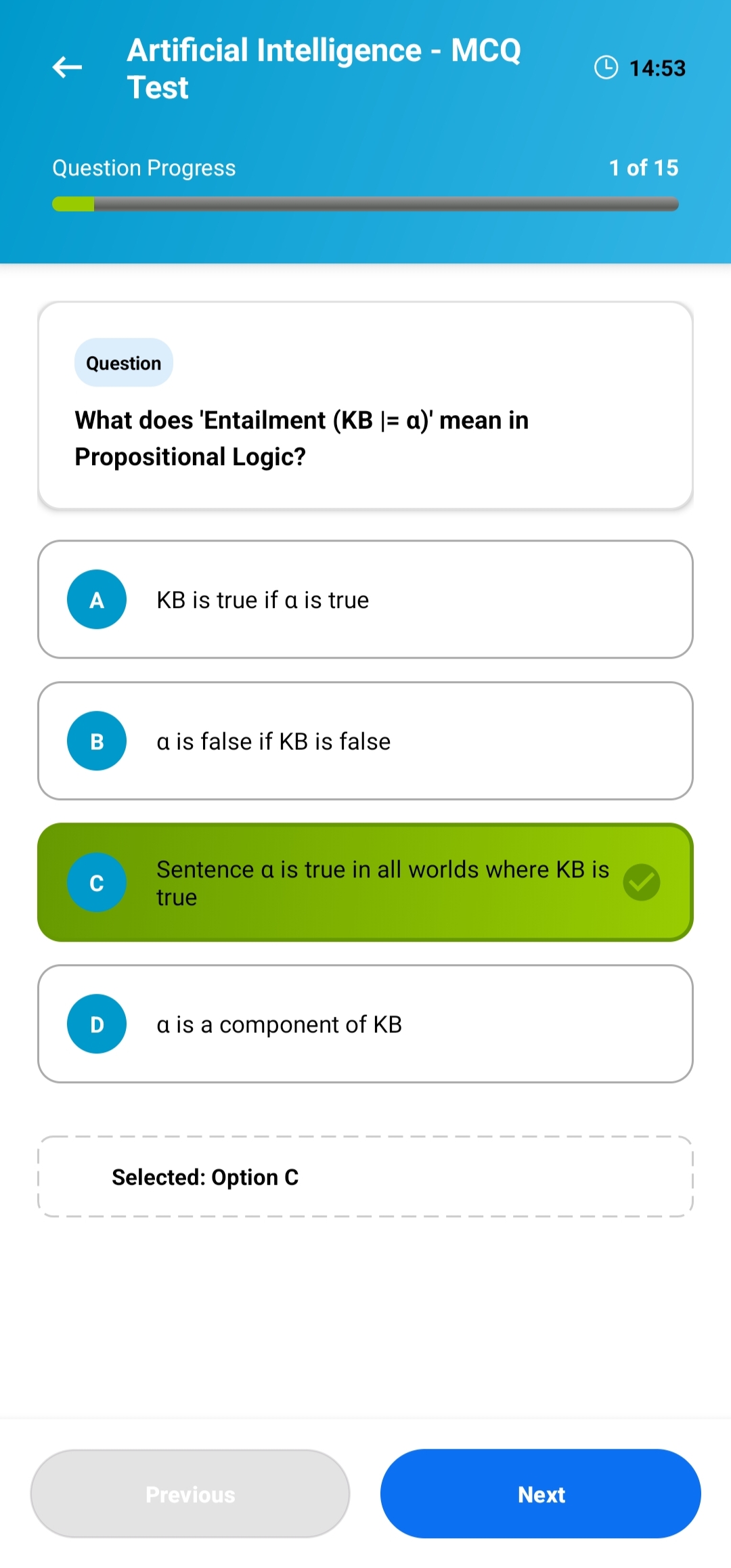 MCQ / Practice test interface in Univault app