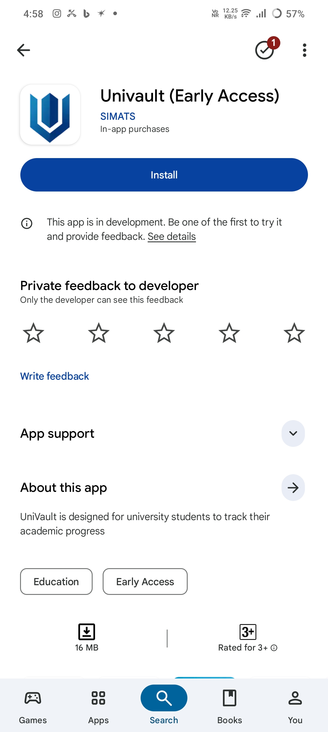 Play Store listing of Univault app