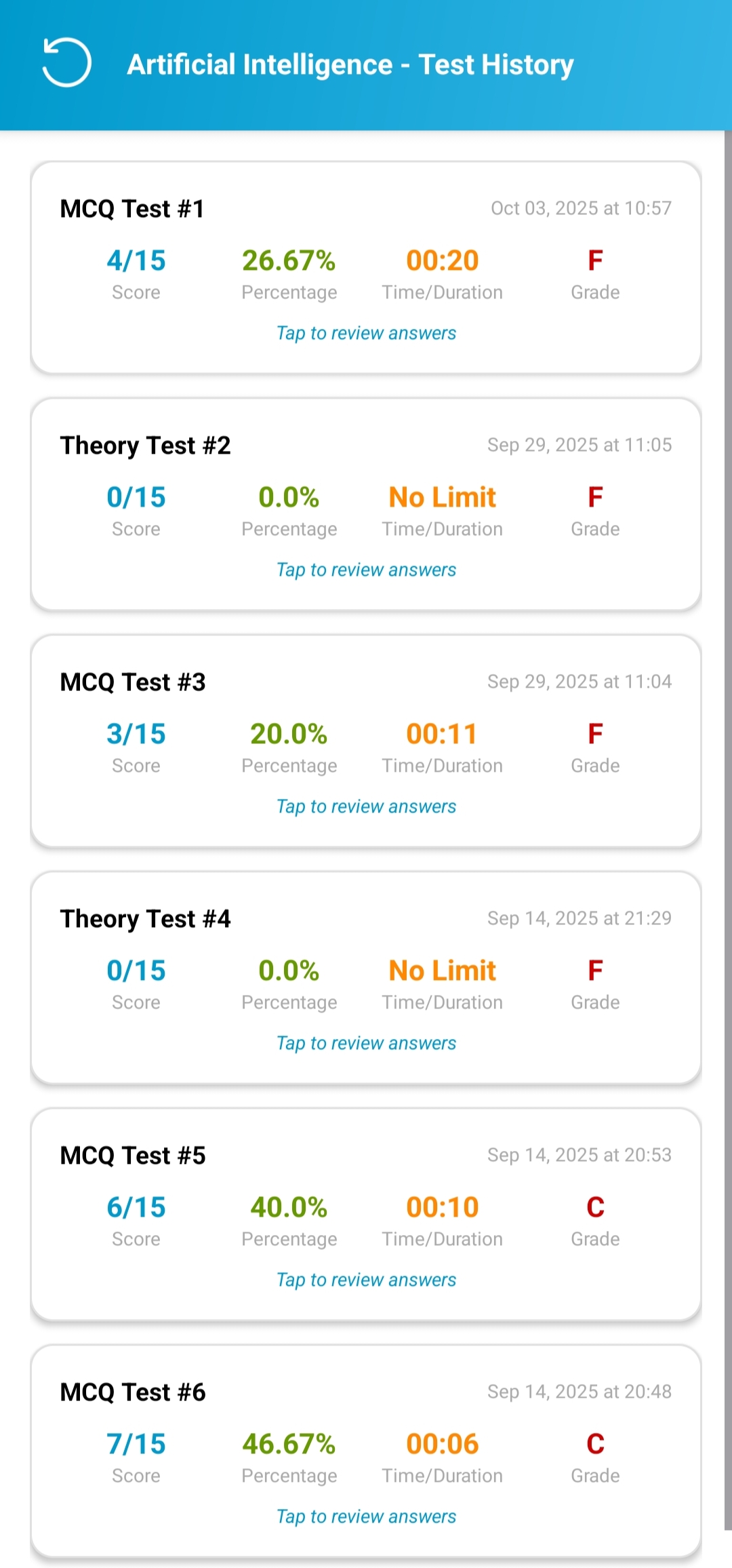 Test history and performance analytics in Univault app